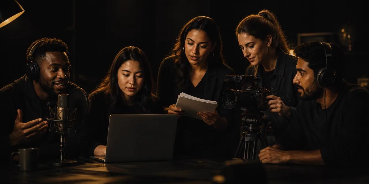 A diverse team of podcasters, editors, producers and filmmakers building together in low gold light