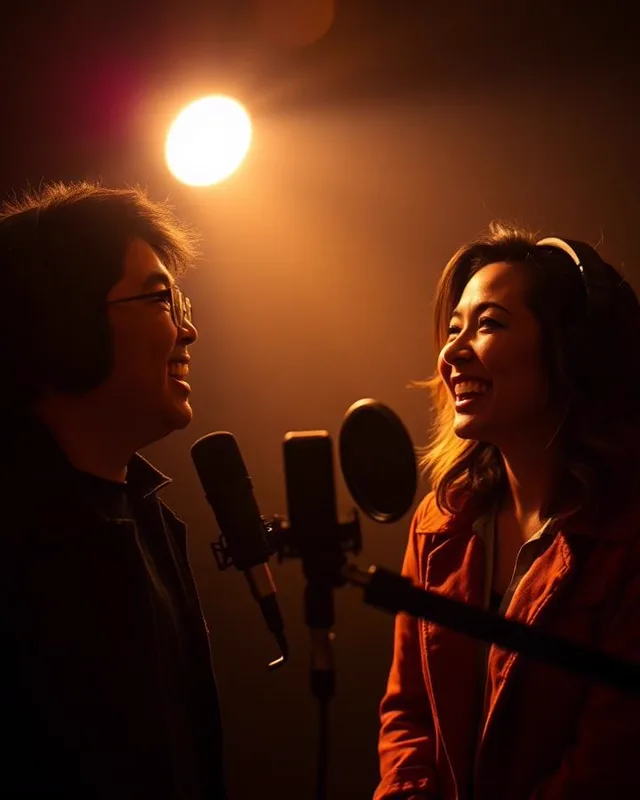 Two podcast hosts recording a live episode during a Learner Track masterclass