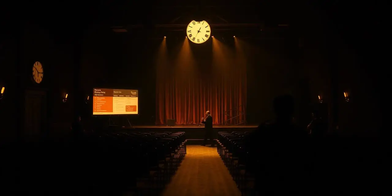 A dark event hall lit in gold as crew set the stage before doors open