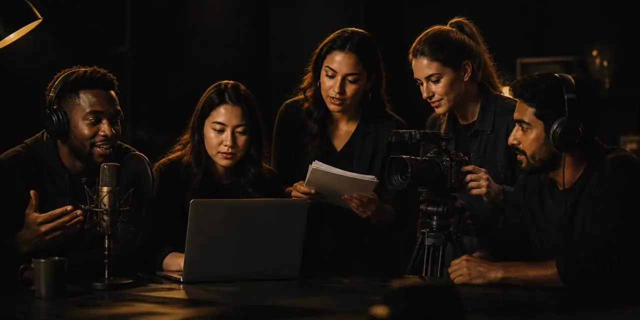 A diverse team of podcasters, editors, producers and filmmakers building together in low gold light