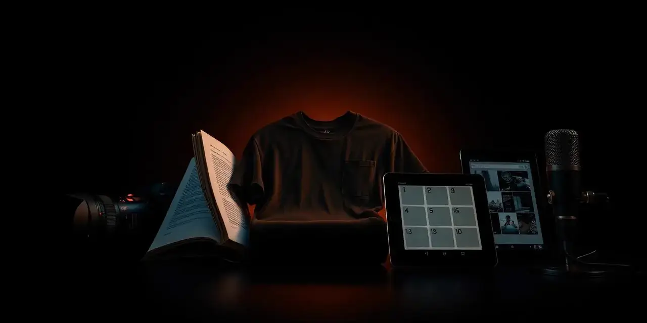 A camera lens, book, printed shirt, course tablet, and podcast microphone lit in gold