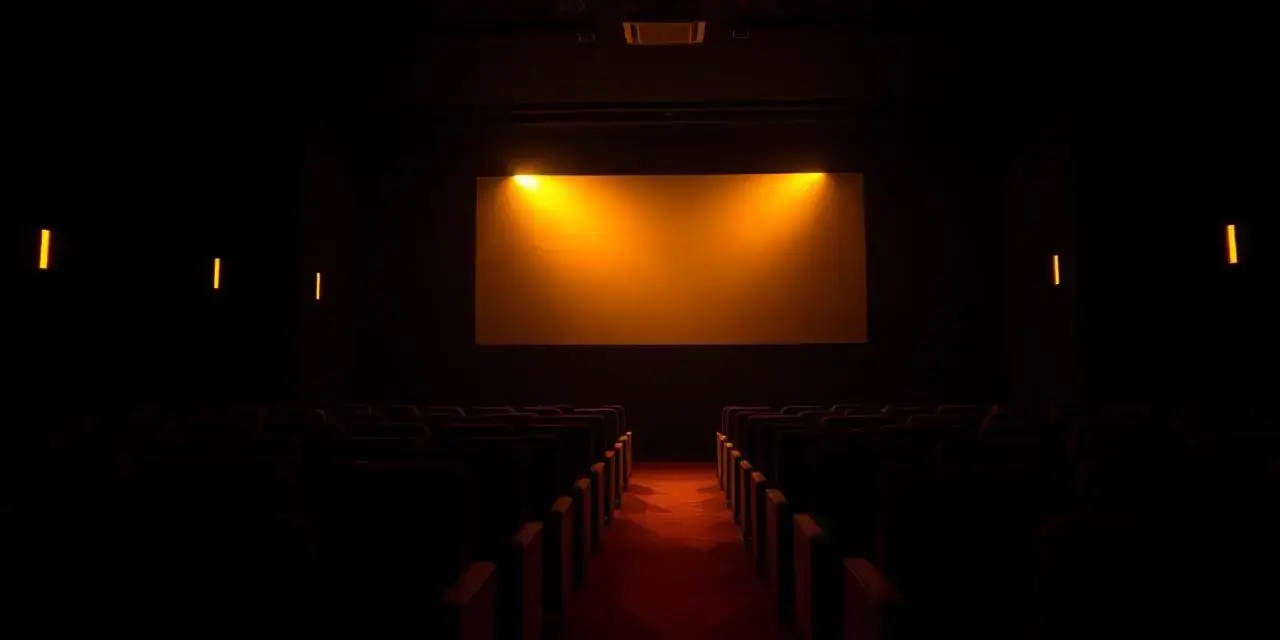 An empty private screening room with a glowing gold cinema screen and projector haze