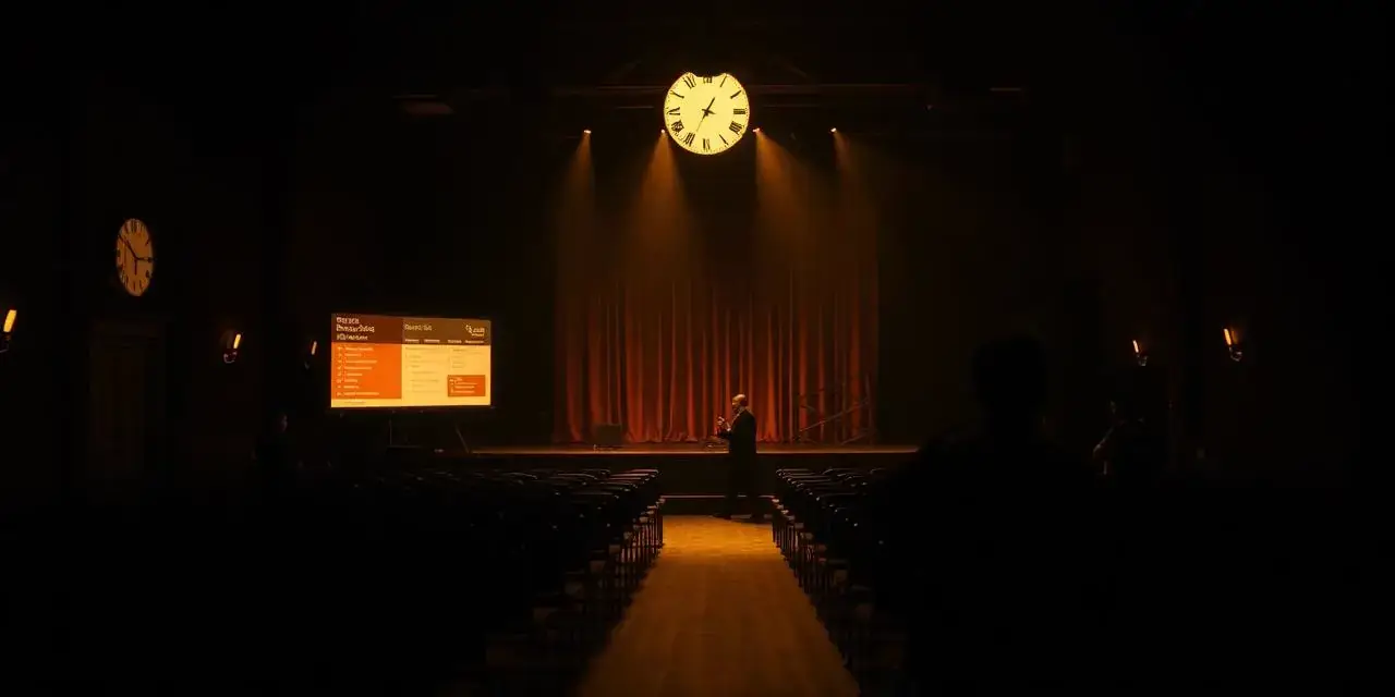 A dark event hall lit in gold as crew set the stage before doors open