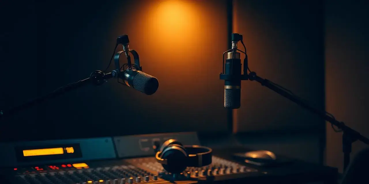 Two broadcast microphones and a mixing board lit warm gold in a dark studio