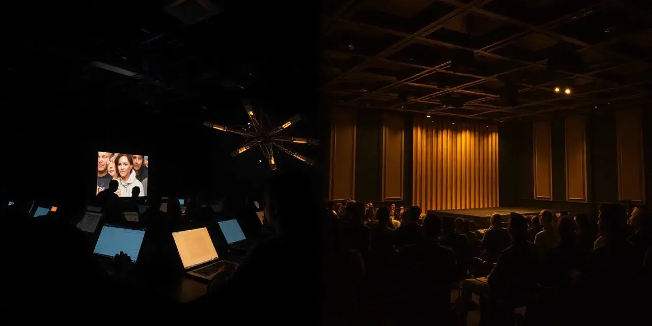 Split scene: developers building at laptops on the left, a masterclass audience on the right