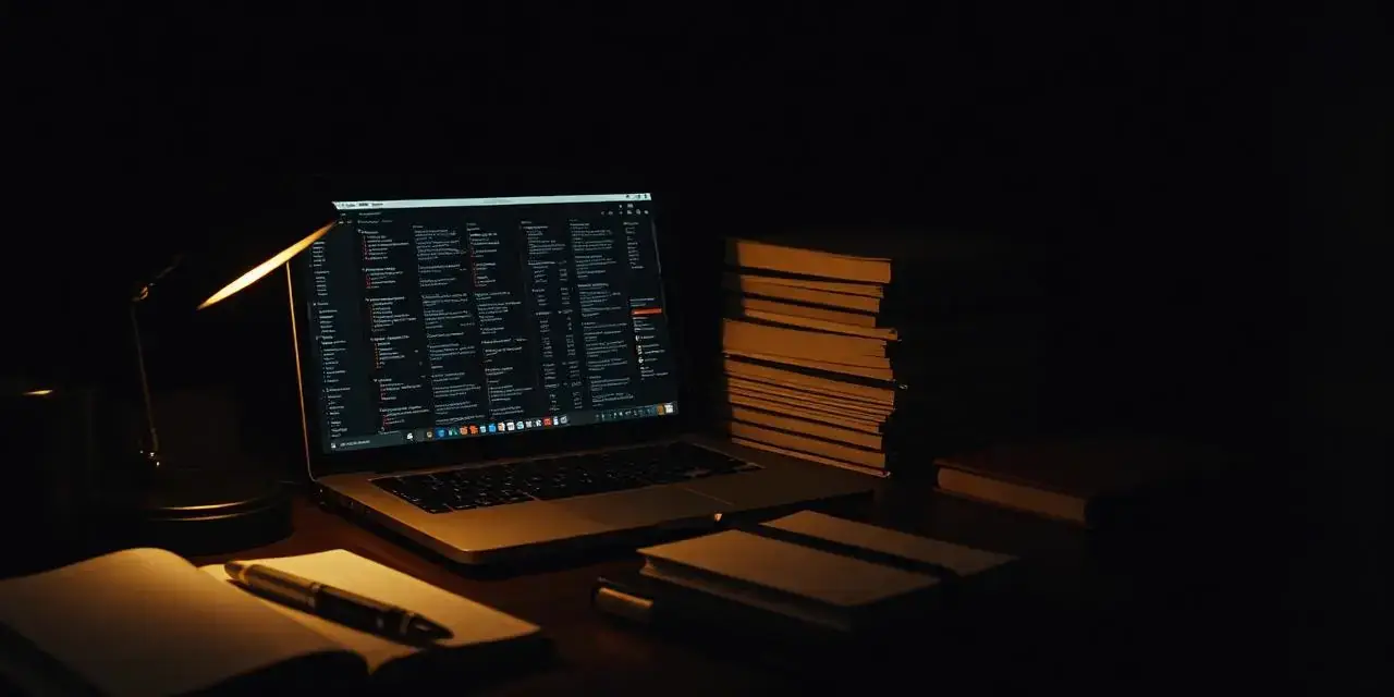 A lamp-lit desk with a laptop showing a structured course library, manuals, and notes