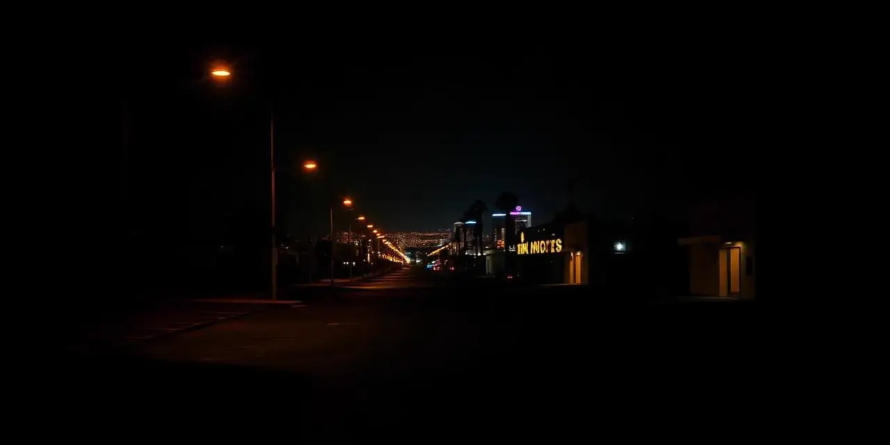 A Las Vegas street at night with the skyline glowing in the distance